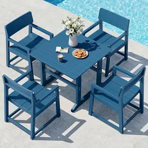 5 Pieces Patio Dining Set, All Weather Outdoor HDPE Dining Furniture Set with Table and Chairs for 4, Garden Patio Furniture Set for Lawn, Backyard, Poolside, Blue 5 Pieces Patio Dining Set, All Weather Outdoor HDPE Dining Furniture Set with Table and Chairs for 4, Garden Patio Furniture Set for Lawn, Backyard, Poolside, Blue