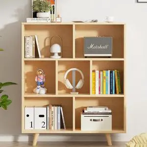 7 Cube Bookshelf, 3 Tier Mid-Century Modern Bookcase with Legs, Wooden Bookshelf Storage Organizer Display Bookcase for Bedroom, Living Room, Office, Natural 7 Cube Bookshelf, 3 Tier Mid-Century Modern Bookcase with Legs, Wooden Bookshelf Storage Organizer Display Bookcase for Bedroom, Living Room, Office, Natural