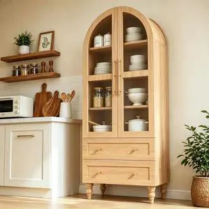 71" Tall Arched Kitchen Pantry Storage Cabinet with Glass Doors, 2 Large Drawers, 6-Tier Tall Rustic Wood Cupboard Locker for Kitchen, Dining Room, Living Room, Bathroom,Natural 71" Tall Arched Kitchen Pantry Storage Cabinet with Glass Doors, 2 Large Drawers, 6-Tier Tall Rustic Wood Cupboard Locker for Kitchen, Dining Room, Living Room, Bathroom,Natural