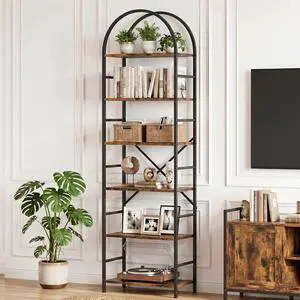 6 Tier Arched Bookshelf, Industrial Tall Open Bookcase | 80H Display Standing Shelf with Sturdy Wood and Metal Frame for Home Office, Living Room, Bedroom, Rustic Brown 6 Tier Arched Bookshelf, Industrial Tall Open Bookcase | 80H Display Standing Shelf with Sturdy Wood and Metal Frame for Home Office, Living Room, Bedroom, Rustic Brown