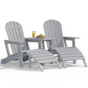 Adirondack Chairs Set of 2 with Removable Tabletop and Footrest, HDPE Plastic Outdoor Chair Set with Wooden Textured, Cup Holder for Patio, Poolside, Garden, Light Grey, 5 Pieces Adirondack Chairs Set of 2 with Removable Tabletop and Footrest, HDPE Plastic Outdoor Chair Set with Wooden Textured, Cup Holder for Patio, Poolside, Garden, Light Grey, 5 Pieces