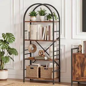 Industrial Arched Bookshelf, 4 Tier Open Bookcase | Sturdy Wood and Metal Display Standing Shelf for Home Office, Living Room, Bedroom, Rustic Brown Industrial Arched Bookshelf, 4 Tier Open Bookcase | Sturdy Wood and Metal Display Standing Shelf for Home Office, Living Room, Bedroom, Rustic Brown
