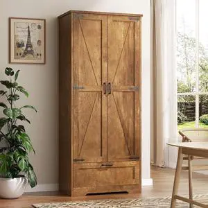 Kitchen Pantry Storage Cabinet with Barn Doors, Drawer and Adjustable Shelves, 4-Tier Tall Rustic Wood Cupboard Locker for Kitchen, Living Room, Bathroom, Dining Room, Rustic Brown Kitchen Pantry Storage Cabinet with Barn Doors, Drawer and Adjustable Shelves, 4-Tier Tall Rustic Wood Cupboard Locker for Kitchen, Living Room, Bathroom, Dining Room, Rustic Brown