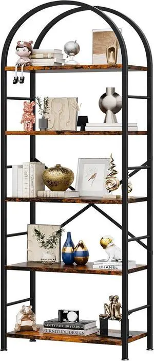 Wooden Bookcase Display Rack, 5 Tiers Bookshelf Arched with Metal Frame for Home Office, Living Room, Kitchen, Bedroom, Brown Wooden Bookcase Display Rack, 5 Tiers Bookshelf Arched with Metal Frame for Home Office, Living Room, Kitchen, Bedroom, Brown
