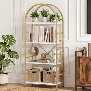 Industrial Arched Bookshelf, 4 Tier Open Bookcase | Sturdy Wood and Metal Display Standing Shelf for Home Office, Living Room, Bedroom, White Gold Industrial Arched Bookshelf, 4 Tier Open Bookcase | Sturdy Wood and Metal Display Standing Shelf for Home Office, Living Room, Bedroom, White Gold