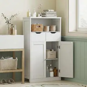 Bathroom Storage Cabinet, Wooden Floor Storage Organizer with 2 Drawers and Adjustable Shelves, Freestanding Cabinet for Bathroom, Living Room, Kitchen, Entryway, Farmhouse, White Bathroom Storage Cabinet, Wooden Floor Storage Organizer with 2 Drawers and Adjustable Shelves, Freestanding Cabinet for Bathroom, Living Room, Kitchen, Entryway, Farmhouse, White