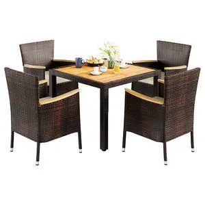 5 Piece Small Patio Dining Set, Space-Saving Outdoor Wicker Furniture Conversation Set with Wood Table and Cushioned Rattan Chairs for Lawn, Garden, and Backyard (Brown) 5 Piece Small Patio Dining Set, Space-Saving Outdoor Wicker Furniture Conversation Set with Wood Table and Cushioned Rattan Chairs for Lawn, Garden, and Backyard (Brown)