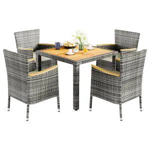 5 Piece Small Patio Dining Set, Space-Saving Outdoor Wicker Furniture Conversation Set with Wood Table and Cushioned Rattan Chairs for Lawn, Garden, and Backyard (Gray) 5 Piece Small Patio Dining Set, Space-Saving Outdoor Wicker Furniture Conversation Set with Wood Table and Cushioned Rattan Chairs for Lawn, Garden, and Backyard (Gray)