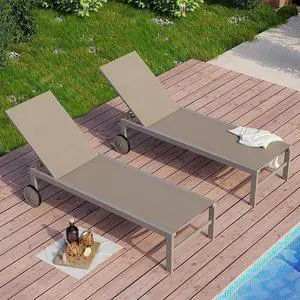 2pcs Patio Outdoor Chaise Lounge Chair with Wheels for Outside Aluminum Adjustable Angle Lounge Chair Set, Khaki 2pcs Patio Outdoor Chaise Lounge Chair with Wheels for Outside Aluminum Adjustable Angle Lounge Chair Set, Khaki