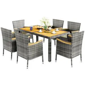 7 Piece Small Patio Dining Set, Space-Saving Outdoor Wicker Furniture Conversation Set with Wood Table and Cushioned Rattan Chairs for Lawn, Garden, and Backyard (Gray) 7 Piece Small Patio Dining Set, Space-Saving Outdoor Wicker Furniture Conversation Set with Wood Table and Cushioned Rattan Chairs for Lawn, Garden, and Backyard (Gray)