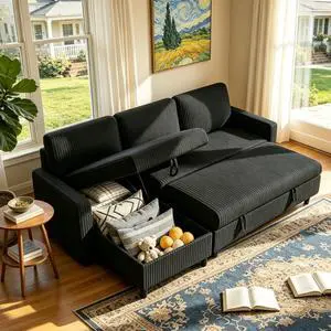 Sleeper Sofa with Storage for Small Space, Convertible Small Pull Out Couch with Storage Chaise, L Shaped Sectional Sofa Bed for Apartment, Guest Room, Black Corduroy Sleeper Sofa with Storage for Small Space, Convertible Small Pull Out Couch with Storage Chaise, L Shaped Sectional Sofa Bed for Apartment, Guest Room, Black Corduroy