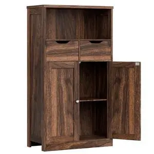 Bathroom Storage Cabinet, Freestanding Pantry Cabinet with 2 Drawers and Adjustable Shelves, Wooden Floor Storage Organizer for Bathroom, Living Room, Kitchen, Entryway, Farmhouse, Brown Bathroom Storage Cabinet, Freestanding Pantry Cabinet with 2 Drawers and Adjustable Shelves, Wooden Floor Storage Organizer for Bathroom, Living Room, Kitchen, Entryway, Farmhouse, Brown