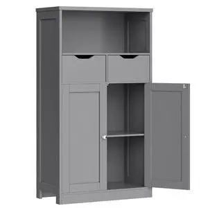 Bathroom Storage Cabinet, Farmhouse Freestanding Pantry Cabinet with 2 Drawers and Shelves, Wooden Storage Organizer for Bathroom, Living Room, Grey Bathroom Storage Cabinet, Farmhouse Freestanding Pantry Cabinet with 2 Drawers and Shelves, Wooden Storage Organizer for Bathroom, Living Room, Grey