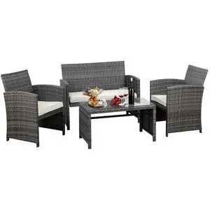 4 Piece Patio Furniture Set, Outdoor Furniture Set Patio Wicker Conversation Set with Cushions and Tempered Glass Tabletop for Lawn Backyard Pool Garden 4 Piece Patio Furniture Set, Outdoor Furniture Set Patio Wicker Conversation Set with Cushions and Tempered Glass Tabletop for Lawn Backyard Pool Garden
