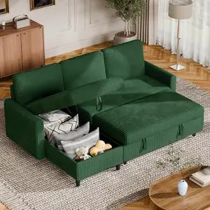 Pull Out Couch, 2 in 1 Sectional Sleeper Sofa Bed with Storage, 77" L Shaped Convertible Sofa with Storage Chaise Corduroy Fabric for Living Room, Apartment, Dark Green Pull Out Couch, 2 in 1 Sectional Sleeper Sofa Bed with Storage, 77" L Shaped Convertible Sofa with Storage Chaise Corduroy Fabric for Living Room, Apartment, Dark Green