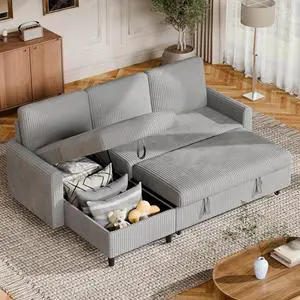 Pull Out Couch, 2 in 1 Sectional Sleeper Sofa Bed with Storage, 77" L Shaped Convertible Sofa with Storage Chaise Corduroy Fabric for Living Room, Apartment, Light Grey Pull Out Couch, 2 in 1 Sectional Sleeper Sofa Bed with Storage, 77" L Shaped Convertible Sofa with Storage Chaise Corduroy Fabric for Living Room, Apartment, Light Grey