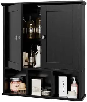 Bathroom Wall Cabinet, Bathroom Cabinet Wall Mount with 2 Doors and 3 Open Shelves, Over The Toilet Wood Medicine Cabinets for Bathroom Laundry Room Kitchen, Black Bathroom Wall Cabinet, Bathroom Cabinet Wall Mount with 2 Doors and 3 Open Shelves, Over The Toilet Wood Medicine Cabinets for Bathroom Laundry Room Kitchen, Black