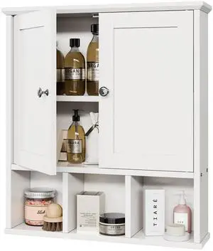 Bathroom Wall Cabinet, Bathroom Cabinet Wall Mount with 2 Doors and 3 Open Shelves, Over The Toilet Wood Medicine Cabinets for Bathroom Laundry Room Kitchen, White Bathroom Wall Cabinet, Bathroom Cabinet Wall Mount with 2 Doors and 3 Open Shelves, Over The Toilet Wood Medicine Cabinets for Bathroom Laundry Room Kitchen, White