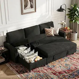 Convertible Sofa Bed with Storage for Small Space, Black Corduroy | Pull Out Couch with Storage , 77" L-Shaped Sleeper Sofa Bed with Storage Chaise Corduroy Fabric for Living Room, Apartment Convertible Sofa Bed with Storage for Small Space, Black Corduroy | Pull Out Couch with Storage , 77" L-Shaped Sleeper Sofa Bed with Storage Chaise Corduroy Fabric for Living Room, Apartment