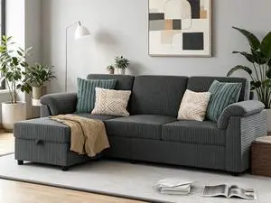 79" Convertible Sectional Sofa Couch, 3 Seat L Shaped Sofa with Ottoman Corduroy Fabric Small Couch Mid Century for Living Room, Apartment and Office (Gray) 79" Convertible Sectional Sofa Couch, 3 Seat L Shaped Sofa with Ottoman Corduroy Fabric Small Couch Mid Century for Living Room, Apartment and Office (Gray)