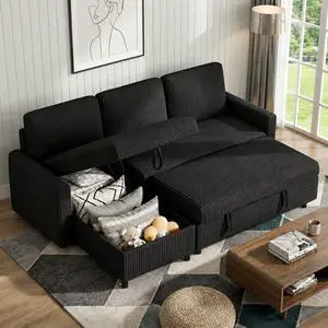 Pull Out Couch with Storage for Small Space, Black Corduroy | 2 in 1 Small Sofa Bed Sleeper Sofa with Storage, 77" L Shaped Convertible Sofa with Storage Chaise for Living Room, Apartment Pull Out Couch with Storage for Small Space, Black Corduroy | 2 in 1 Small Sofa Bed Sleeper Sofa with Storage, 77" L Shaped Convertible Sofa with Storage Chaise for Living Room, Apartment