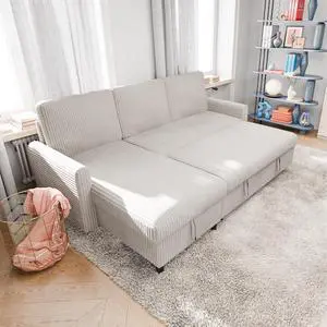 Pull Out Couch with Storage, 77" Sectional Sleeper Sofa, 2 in 1 L-Shaped Sofa Bed with Storage Chaise Corduroy Fabric for Living Room, Apartment, Small Space, White Pull Out Couch with Storage, 77" Sectional Sleeper Sofa, 2 in 1 L-Shaped Sofa Bed with Storage Chaise Corduroy Fabric for Living Room, Apartment, Small Space, White