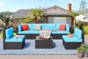 7 Pieces Outdoor Patio Furniture Sets, Outdoor Sectional Rattan Sofa, PE Manual Weaving Wicker Patio Conversation Set with Cushion, Glass Table, Red Pillow (Blue) 7 Pieces Outdoor Patio Furniture Sets, Outdoor Sectional Rattan Sofa, PE Manual Weaving Wicker Patio Conversation Set with Cushion, Glass Table, Red Pillow (Blue)