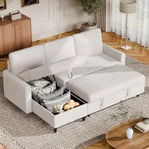 Convertible Sleeper Sofa, Pull Out Couch with Storage, 77" L-Shaped Sofa Bed with Storage Chaise Corduroy Fabric for Living Room, Apartment, Small Space, White Convertible Sleeper Sofa, Pull Out Couch with Storage, 77" L-Shaped Sofa Bed with Storage Chaise Corduroy Fabric for Living Room, Apartment, Small Space, White