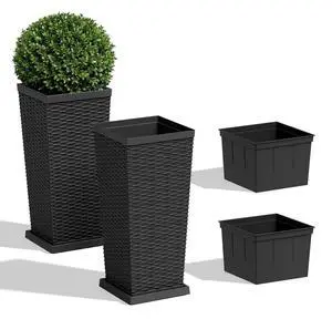 Set of 2 Resin Widened Tapered Planters, Rattan Texture Planters with Drainage Holes and Trays, Outdoor Flowers Pots for Plants, Porch & Patio Decor (Black, 24'' H, Inner & Outer Trays) Set of 2 Resin Widened Tapered Planters, Rattan Texture Planters with Drainage Holes and Trays, Outdoor Flowers Pots for Plants, Porch & Patio Decor (Black, 24'' H, Inner & Outer Trays)