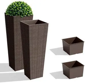 Set of 2 Resin Rattan Tall Planters for Outdoor Plants, Large Tapered Planters with Drainage Holes, Flower Pots for Garden, Patio, Porch, Backyard (Brown, 23.5",Inner Tray) Set of 2 Resin Rattan Tall Planters for Outdoor Plants, Large Tapered Planters with Drainage Holes, Flower Pots for Garden, Patio, Porch, Backyard (Brown, 23.5",Inner Tray)