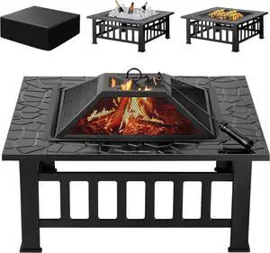 Outdoor Fire Pit, 32 Inch Firepit Table Metal Outdoor Fireplaces with Waterproof Cover for Outside Patio Camping (Black) Outdoor Fire Pit, 32 Inch Firepit Table Metal Outdoor Fireplaces with Waterproof Cover for Outside Patio Camping (Black)