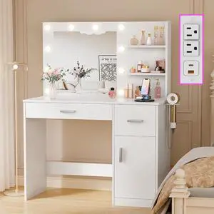 39" Vanity Desk with Mirror & Power Outlet, 10 Lights, Makeup Vanity Table with 4 Large Drawers and 3 Storage Shelves, 3 Model Adjustable Lights for Bedroom & Dressing Room (White) 39" Vanity Desk with Mirror & Power Outlet, 10 Lights, Makeup Vanity Table with 4 Large Drawers and 3 Storage Shelves, 3 Model Adjustable Lights for Bedroom & Dressing Room (White)