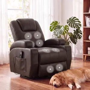 Recliner Chair, 360° Swivel Rocker Chair for Adults, Rocking Recliner Chair with Massage, Comfy Single Sofa with Side Pockets Cup Holders for Living Room, Bedroom, Nursery (Leather, Dark Brown) Recliner Chair, 360° Swivel Rocker Chair for Adults, Rocking Recliner Chair with Massage, Comfy Single Sofa with Side Pockets Cup Holders for Living Room, Bedroom, Nursery (Leather, Dark Brown)