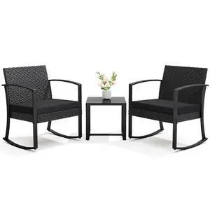 3 Piece Patio Rocking Chair Set Outdoor Patio Furniture Set with Coffee Table and Cushions for Balcony Porch Bistro (Black) 3 Piece Patio Rocking Chair Set Outdoor Patio Furniture Set with Coffee Table and Cushions for Balcony Porch Bistro (Black)