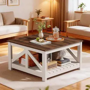 Square Coffee Table with Dual Storage Compartments, Modern Wood Cocktail Table for Living Room, Farmhouse Lounge & Office Reception (Brown & White) Square Coffee Table with Dual Storage Compartments, Modern Wood Cocktail Table for Living Room, Farmhouse Lounge & Office Reception (Brown & White)
