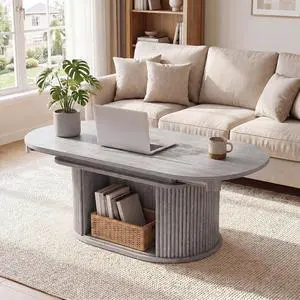 31.5"-45.2" Oval Coffee Table for Living Room, Extendable Coffee Table with Fluted Sliding Door, Mid Century Modern Center Table with Storage, Gray 31.5"-45.2" Oval Coffee Table for Living Room, Extendable Coffee Table with Fluted Sliding Door, Mid Century Modern Center Table with Storage, Gray