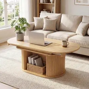 31.5"-45.2" Oval Coffee Table for Living Room, Extendable Coffee Table with Fluted Sliding Door, Mid Century Modern Center Table with Storage, Oak 31.5"-45.2" Oval Coffee Table for Living Room, Extendable Coffee Table with Fluted Sliding Door, Mid Century Modern Center Table with Storage, Oak