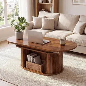 31.5"-45.2" Oval Coffee Table for Living Room, Extendable Coffee Table with Fluted Sliding Door, Mid Century Modern Center Table with Storage, Walnut 31.5"-45.2" Oval Coffee Table for Living Room, Extendable Coffee Table with Fluted Sliding Door, Mid Century Modern Center Table with Storage, Walnut