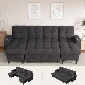 108" Sectional Couch Modular Sofa Bed with Storage Chaise, Pull Out Couch with Cup Holder, USB Charging & LED Lighting, Comfy U-Shaped Chenille Couch for Living Room, Apartment (Grey, Sleeper Sofa-1) 108" Sectional Couch Modular Sofa Bed with Storage Chaise, Pull Out Couch with Cup Holder, USB Charging & LED Lighting, Comfy U-Shaped Chenille Couch for Living Room, Apartment (Grey, Sleeper Sofa-1)