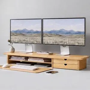 Bamboo Dual Monitor Stand, 39.3 inch Computer Monitor Riser with 2 Drawers, Desk Shelf with Cable Management for Home Office, Printer, Laptop Bamboo Dual Monitor Stand, 39.3 inch Computer Monitor Riser with 2 Drawers, Desk Shelf with Cable Management for Home Office, Printer, Laptop