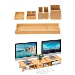 Bamboo Vanity Tray and Bamboo Dual Monitor Stand Riser Bundle, Natural Bamboo Vanity Tray and Bamboo Dual Monitor Stand Riser Bundle, Natural