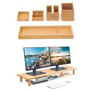 Bamboo Vanity Tray and Bamboo Dual Monitor Shelf Bundle Bamboo Vanity Tray and Bamboo Dual Monitor Shelf Bundle