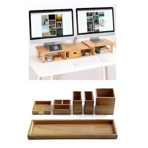 Dual Monitor Stand Riser with Drawer for Desk Laptop Desk Shelf + Wood Vanity Tray, 6-Piece Countertop Organizer Vanity Tray Set Dual Monitor Stand Riser with Drawer for Desk Laptop Desk Shelf + Wood Vanity Tray, 6-Piece Countertop Organizer Vanity Tray Set