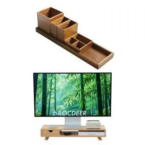 Wood Vanity Tray and Bamboo Dual Monitor Stand Riser with Drawer Wood Vanity Tray and Bamboo Dual Monitor Stand Riser with Drawer