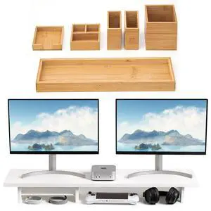 6-Piece Bathroom Countertop Vanity Tray Set and Bamboo Dual Monitor Stand Riser White 6-Piece Bathroom Countertop Vanity Tray Set and Bamboo Dual Monitor Stand Riser White