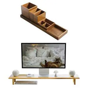 Wood Vanity Tray and Bamboo Dual Monitor Stand Riser Natural Wood Vanity Tray and Bamboo Dual Monitor Stand Riser Natural