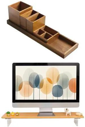Wood Vanity Tray and Bamboo Dual Monitor Stand Riser with Acrylic Legs Natural Wood Vanity Tray and Bamboo Dual Monitor Stand Riser with Acrylic Legs Natural