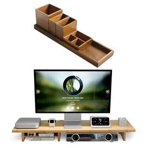 Wood Vanity Tray and Bamboo Dual Monitor Stand Riser Natural Wood Vanity Tray and Bamboo Dual Monitor Stand Riser Natural