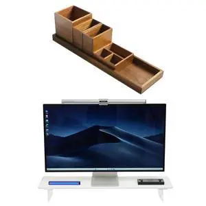 Wood Vanity Tray and Bamboo Dual Monitor Stand Riser with Acrylic Legs White Wood Vanity Tray and Bamboo Dual Monitor Stand Riser with Acrylic Legs White