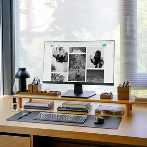 Bamboo Dual Monitor Shelf for 2 Monitors, Monitor Stand Riser + Wood Vanity Tray, Bathroom Accessories with Storage, Bamboo Dual Monitor Shelf for 2 Monitors, Monitor Stand Riser + Wood Vanity Tray, Bathroom Accessories with Storage,